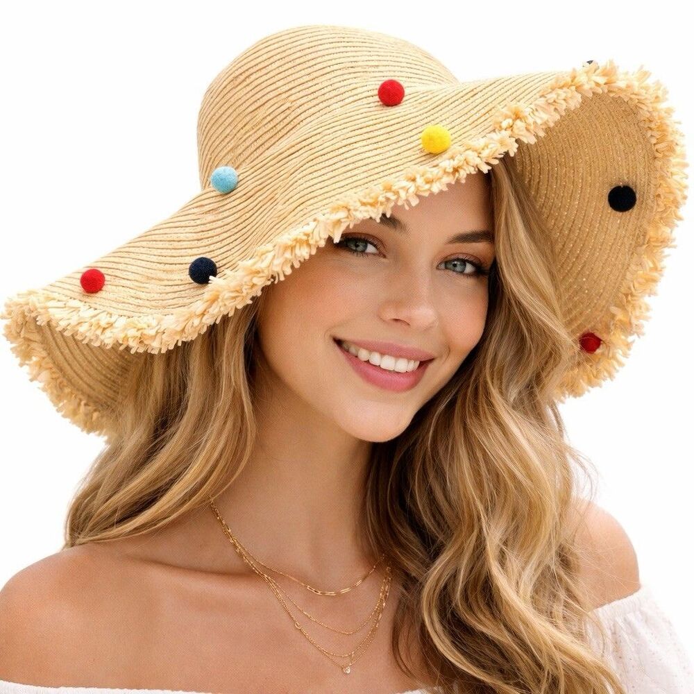 Shiraleah Chicago Wide Brim‎ Straw Hat with Pom Poms Fringe